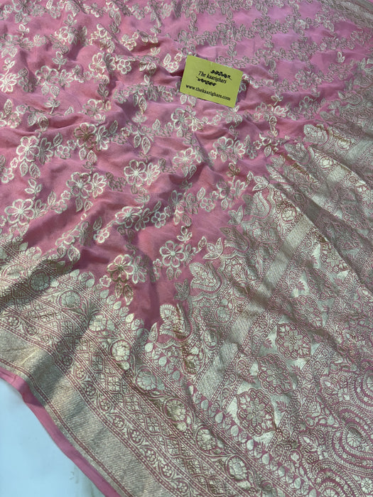 Pink Pure Khaddi Georgette Banarasi Saree -  Water Zari