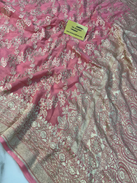 Italian Pink Pure Khaddi Georgette Banarasi Saree -  Water Zari