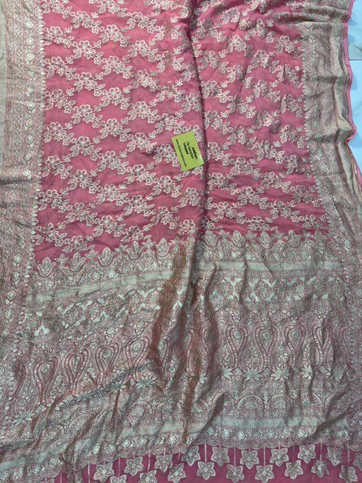 Italian Pink Pure Khaddi Georgette Banarasi Saree -  Water Zari
