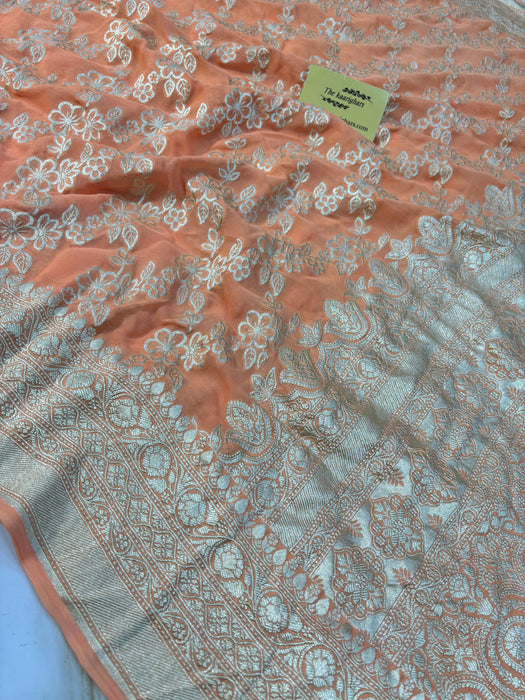 Persian Orange Pure Khaddi Georgette Banarasi Saree -  Water Zari