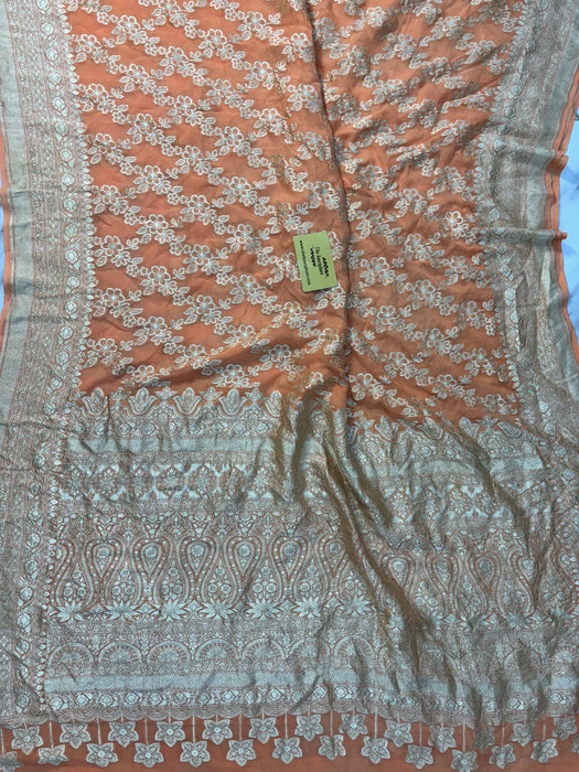 Persian Orange Pure Khaddi Georgette Banarasi Saree -  Water Zari