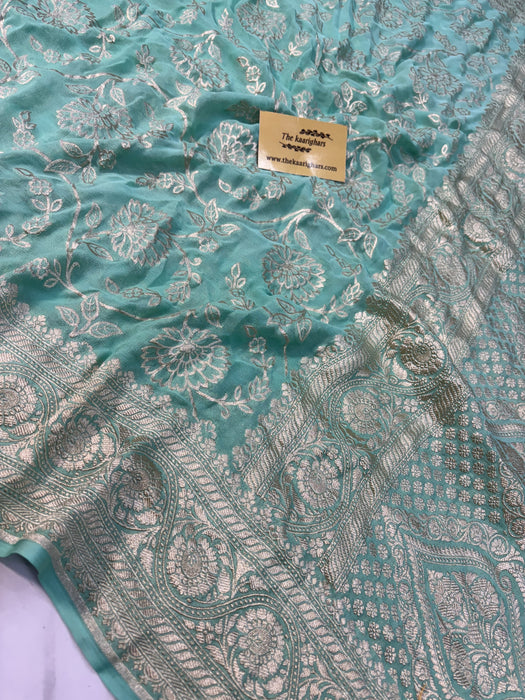 Glacier Pure Khaddi Georgette Banarasi Saree -  Water Zari
