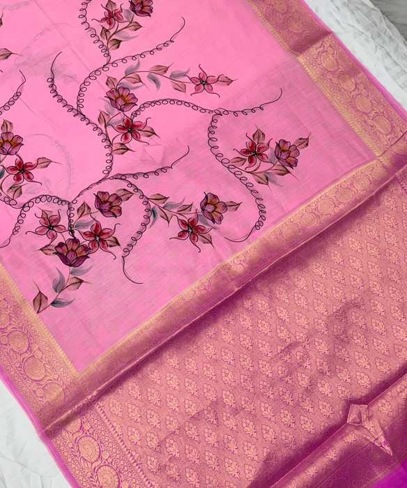 Pink Pure Silk Banarasi Handloom Saree - Hand Painted