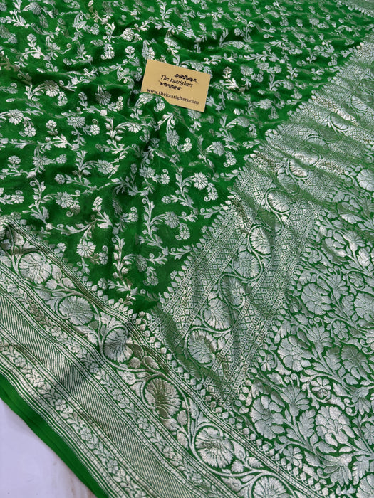 Green Pure Khaddi Georgette Banarasi Saree -  Water Zari