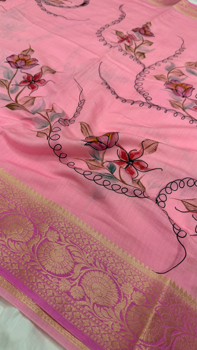 Pink Pure Silk Banarasi Handloom Saree - Hand Painted