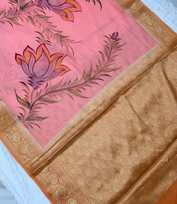 Peach Pure Silk Banarasi Handloom Saree - Hand Painted