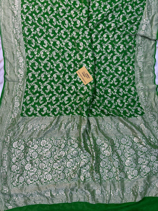 Green Pure Khaddi Georgette Banarasi Saree -  Water Zari