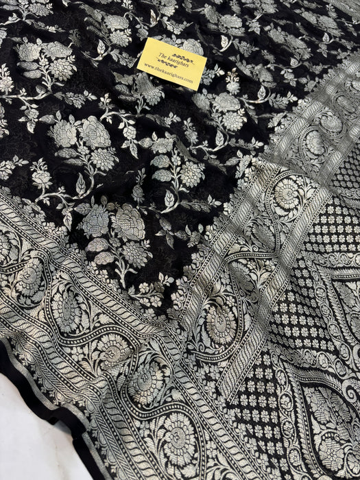 Black Pure Khaddi Georgette Banarasi Saree -  Water Zari