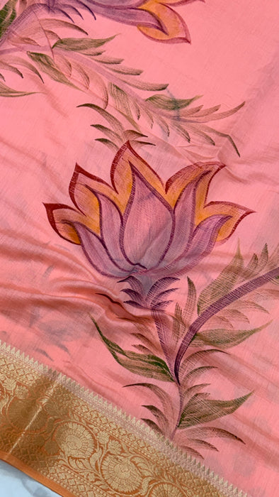 Peach Pure Silk Banarasi Handloom Saree - Hand Painted