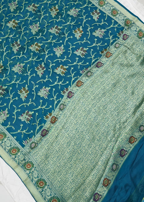 Sea Green Pure Khaddi Chiffon Banarasi Saree