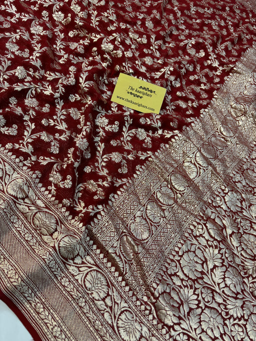 Maroon Pure Khaddi Georgette Banarasi Saree -  Water Zari