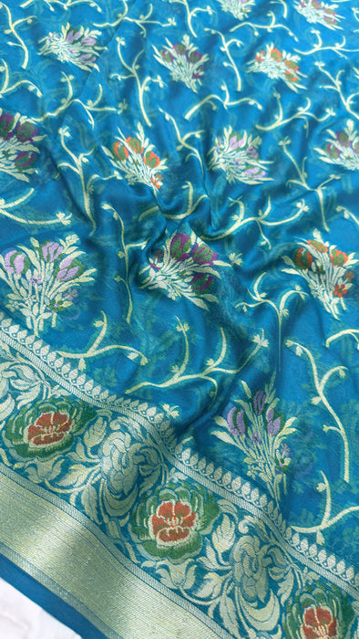 Sea Green Pure Khaddi Chiffon Banarasi Saree