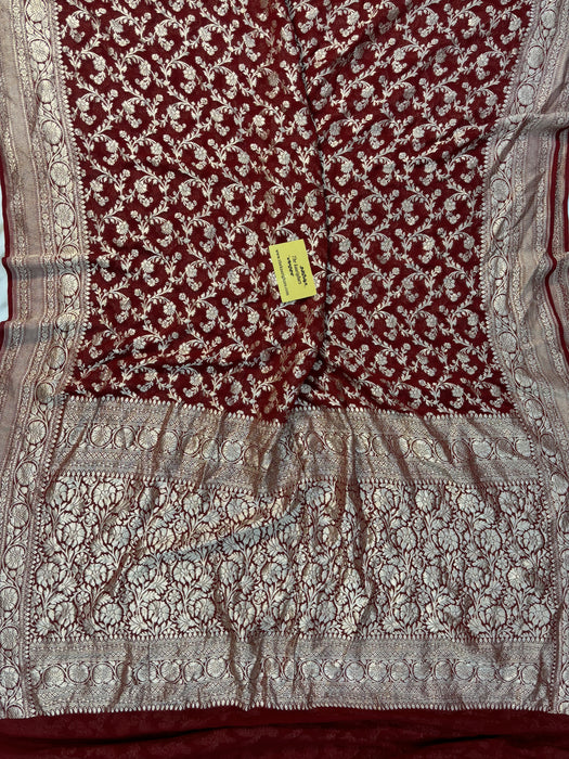 Maroon Pure Khaddi Georgette Banarasi Saree -  Water Zari