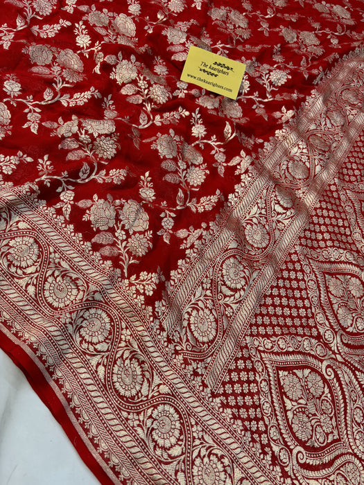Red Pure Khaddi Georgette Banarasi Saree -  Water Zari
