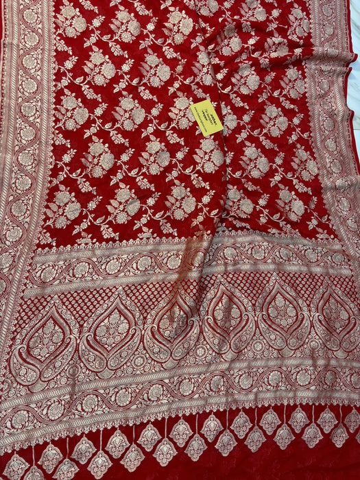 Red Pure Khaddi Georgette Banarasi Saree -  Water Zari