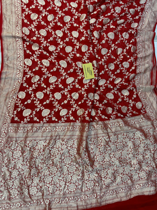 Red Pure Khaddi Georgette Banarasi Saree -  Water Zari
