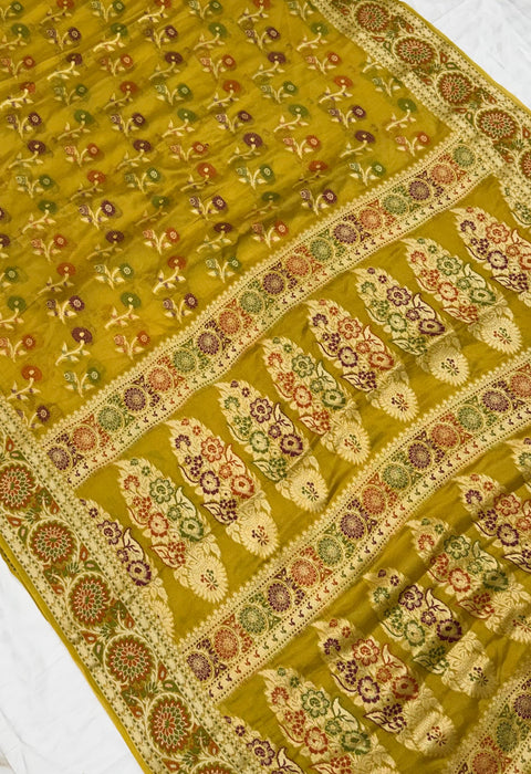 Rust Yellow Pure Khaddi Chiffon Banarasi Saree