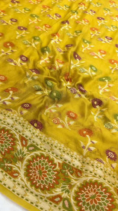 Rust Yellow Pure Khaddi Chiffon Banarasi Saree