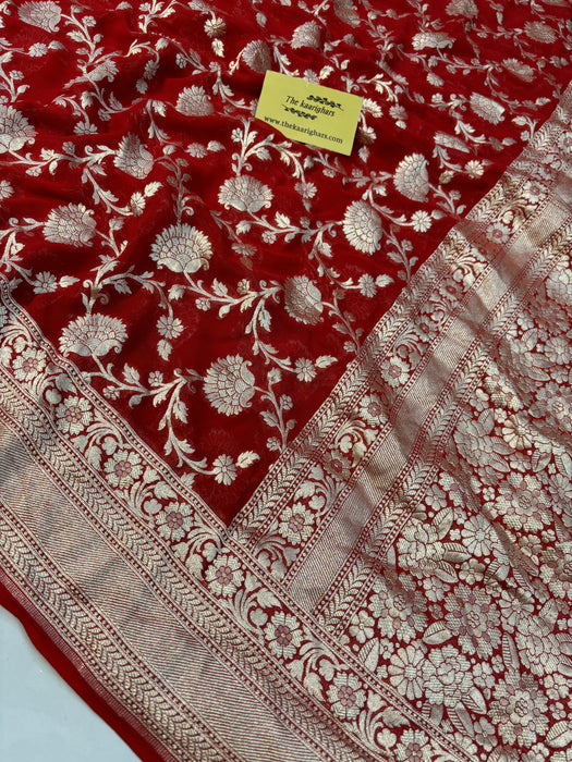 Red Pure Khaddi Georgette Banarasi Saree -  Water Zari