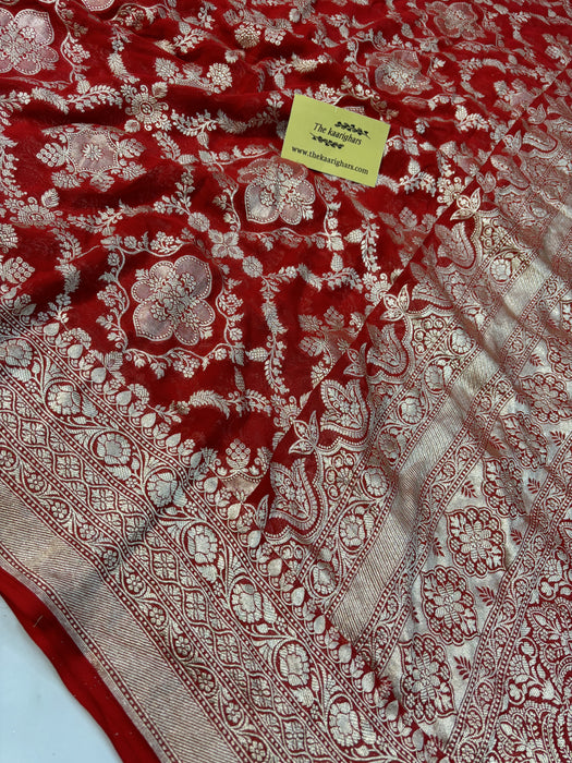 Red Pure Khaddi Georgette Banarasi Saree -  Water Zari