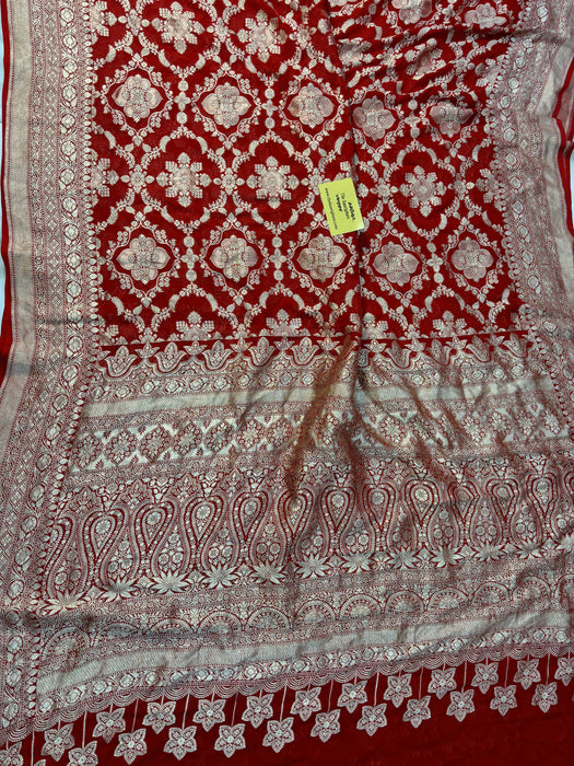 Red Pure Khaddi Georgette Banarasi Saree -  Water Zari