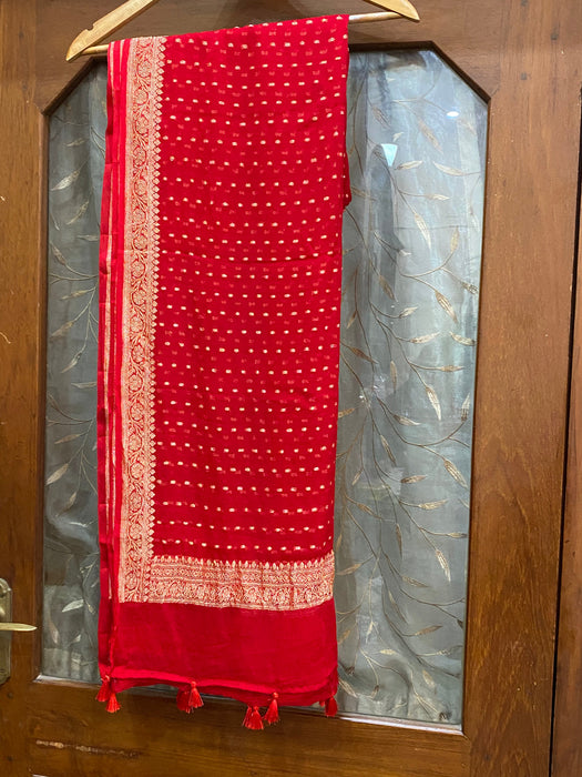Red Pure Chiffon Banarasi Handloom Dupatta - Silver Zari