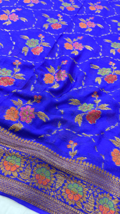 Royal Blue Pure Khaddi Chiffon Banarasi Saree