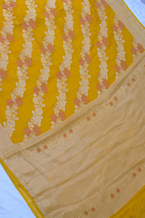 Italian Yellow Pure Khaddi Chiffon Banarasi Saree