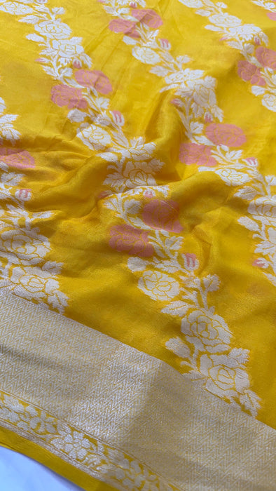 Italian Yellow Pure Khaddi Chiffon Banarasi Saree