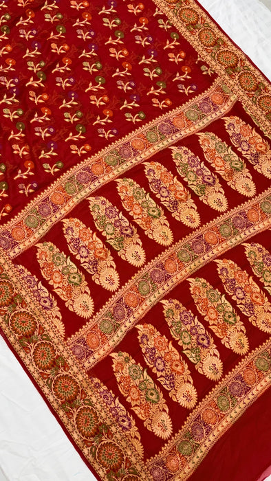 Maroon Pure Khaddi Chiffon Banarasi Saree