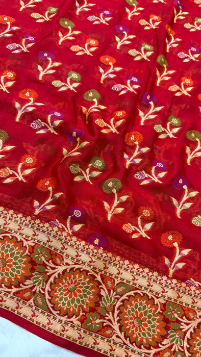 Maroon Pure Khaddi Chiffon Banarasi Saree