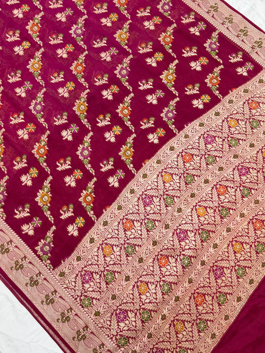 Magenta Pure Khaddi Chiffon Banarasi Saree