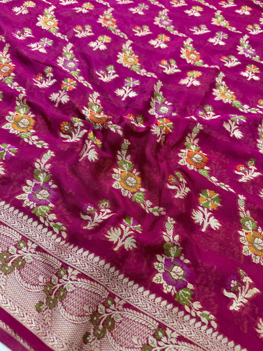 Magenta Pure Khaddi Chiffon Banarasi Saree