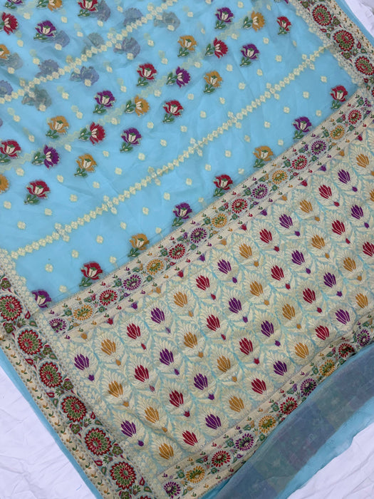 Light Blue Pure Khaddi Chiffon Banarasi Saree