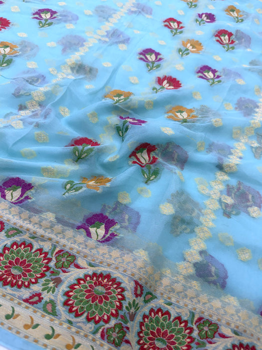 Light Blue Pure Khaddi Chiffon Banarasi Saree