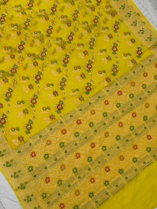 Hazel Yellow Pure Khaddi Chiffon Banarasi Saree
