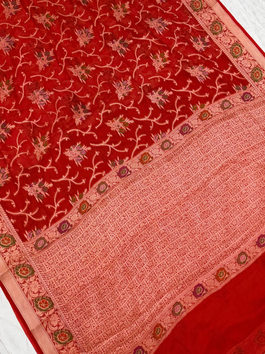 Maroon Pure Khaddi Chiffon Banarasi Saree