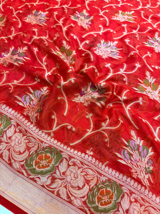 Maroon Pure Khaddi Chiffon Banarasi Saree