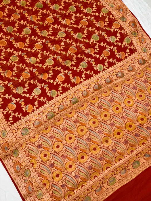 Maroon Pure Khaddi Chiffon Banarasi Saree