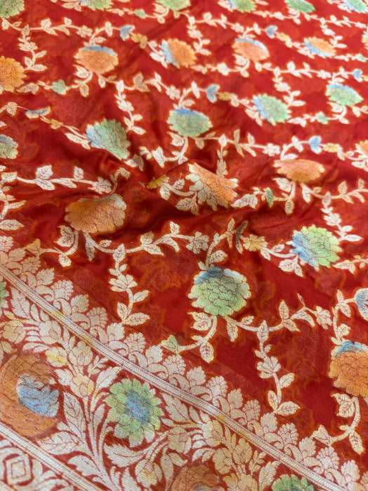 Maroon Pure Khaddi Chiffon Banarasi Saree