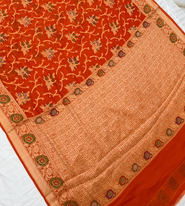 Orange Pure Khaddi Chiffon Banarasi Saree