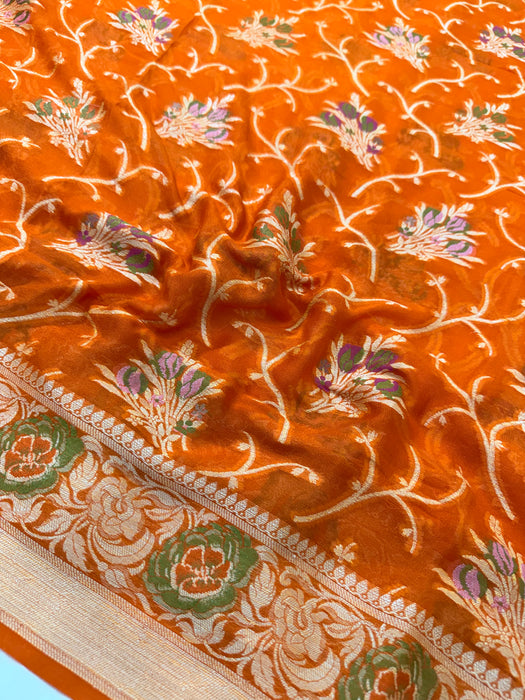 Orange Pure Khaddi Chiffon Banarasi Saree