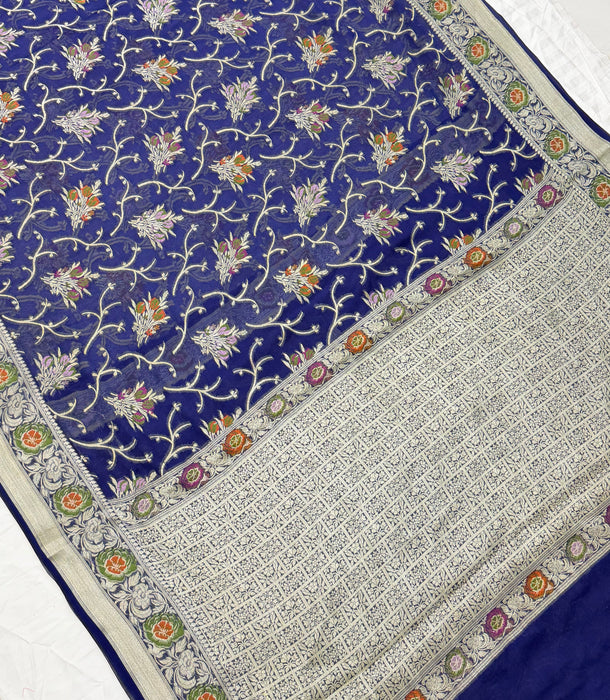 Blue Pure Khaddi Chiffon Banarasi Saree