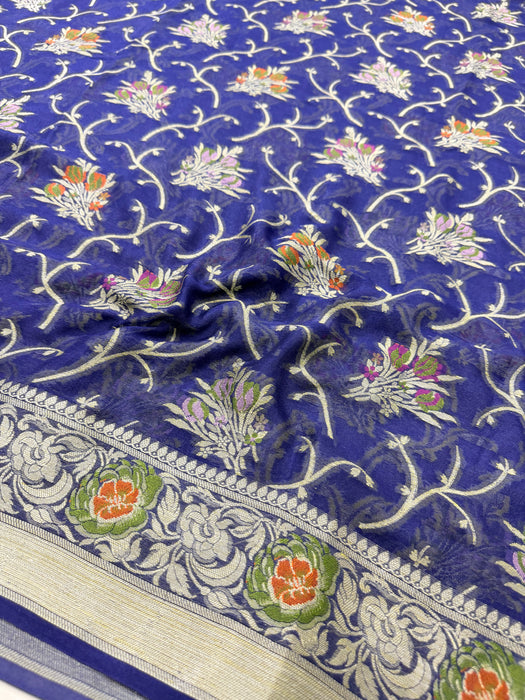 Blue Pure Khaddi Chiffon Banarasi Saree