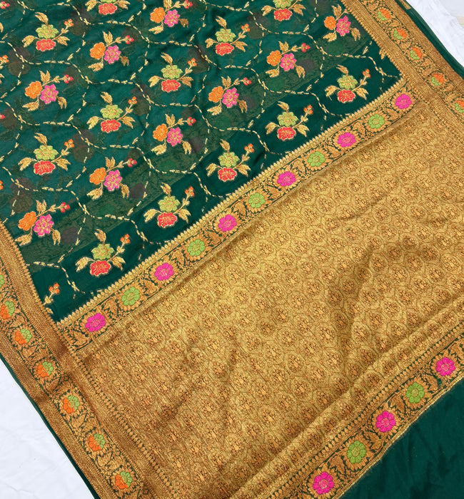 Bottle Green Pure Khaddi Chiffon Banarasi Saree