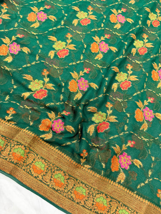 Bottle Green Pure Khaddi Chiffon Banarasi Saree