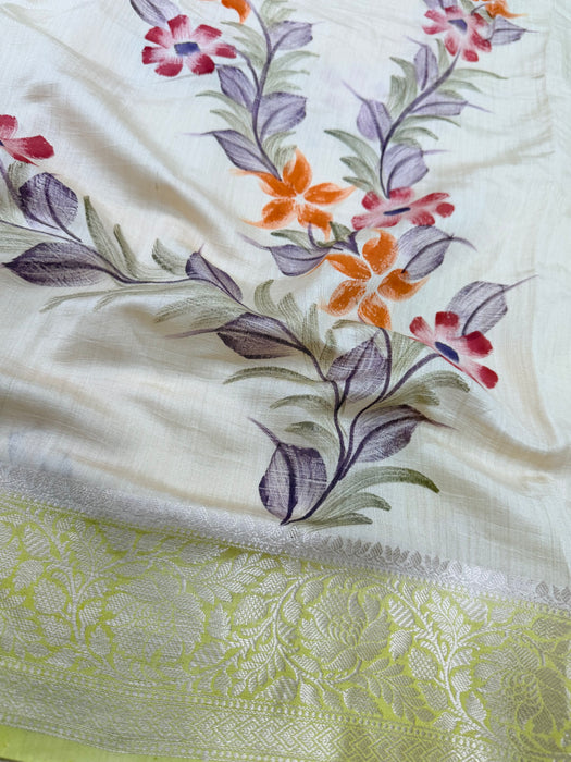 Cream Pure Silk Banarasi Handloom Saree - Hand Painted