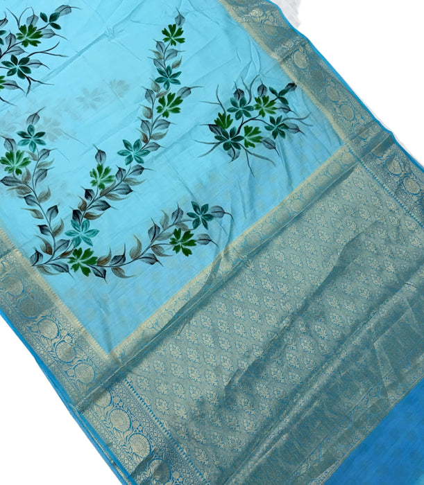 Blue Pure Silk Banarasi Handloom Saree - Hand Painted
