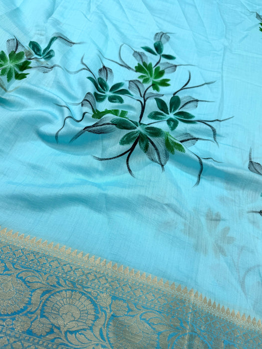 Blue Pure Silk Banarasi Handloom Saree - Hand Painted