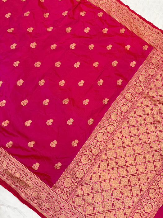 Hot Pink Pure Katan Silk Banarasi Handloom Saree - All over Motifs